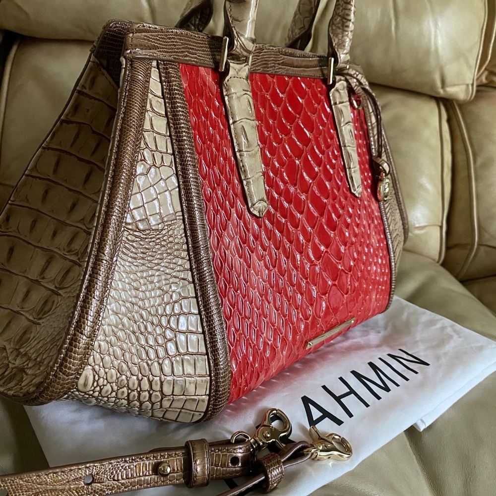 LKNW Brahmin Large Satchel Red/Beige Carlisle Croc Embossed Leather w/Strap